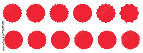 Set of red starburst. Price sticker, sale sticker, price tag, starburst, quality mark, retro stars, sale. Circle sticker set. Wavy edge promo red badges. Star burst shape tags for price. Red sale
