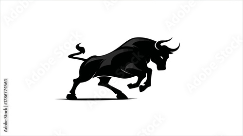 Dynamic black bull illustration in an aggressive, charging pose, powerful horned animal vector graphic, symbolizing strength and determination.