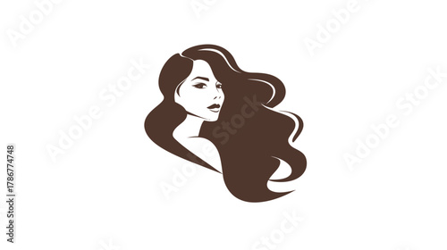 Elegant graphic illustration of a beautiful woman with long, flowing wavy brown hair, looking to the side, beauty and style concept.