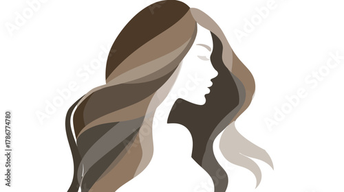 Beautiful woman profile with long flowing wavy brown hair, elegant silhouette, beauty and fashion concept, stylized illustration