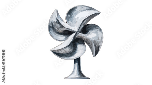 Hand-drawn metallic silver propeller illustration in watercolor style. Stylized turbine element for industry, technology, and power concepts.