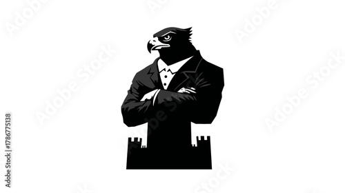Majestic Hawk Head Gentleman in Business Suit Illustration. Elegant Eagle Character with Crossed Arms on Castle Foundation Graphic.