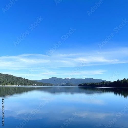 Serene lake mirroring vast blue sky and distant mountains, a tranquil natural landscape perfect for peaceful inspiration.
