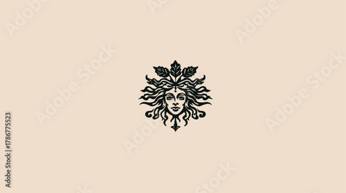 Intricate vintage illustration of a mythical woman's face adorned with detailed foliage, elegant ornamental line art in black and white.