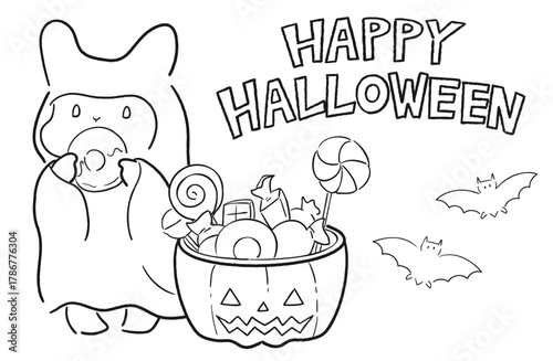 お化けの仮装をしてドーナツを食べるウサギのゆるかわいいハロウィンイラスト（線画）