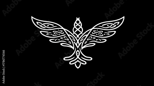 Intricate Celtic Knotwork Phoenix or Eagle Bird Symbol Design on Black Background, Mythical Tribal Art Illustration