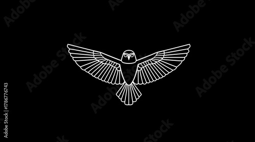 Sleek White Outline of an Owl in Flight with Open Wings, Minimalist Graphic Design on Solid Black Background