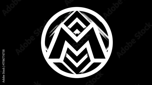 Abstract geometric letter M logo design with distressed texture in a circular frame. Modern minimalist black and white symbol.