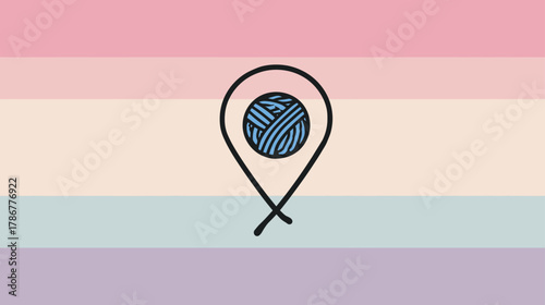 Pastel striped flag with yarn ball inside a map pin icon, representing crafting, knitting, and crochet hobby locations.