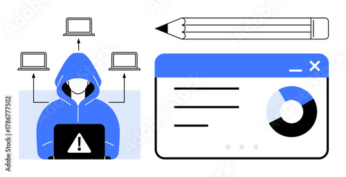 Hooded hacker with laptop surrounded by connected devices and a browser interface with analytics. Ideal for cybersecurity, hacking, data protection, online safety, information theft, digital crime