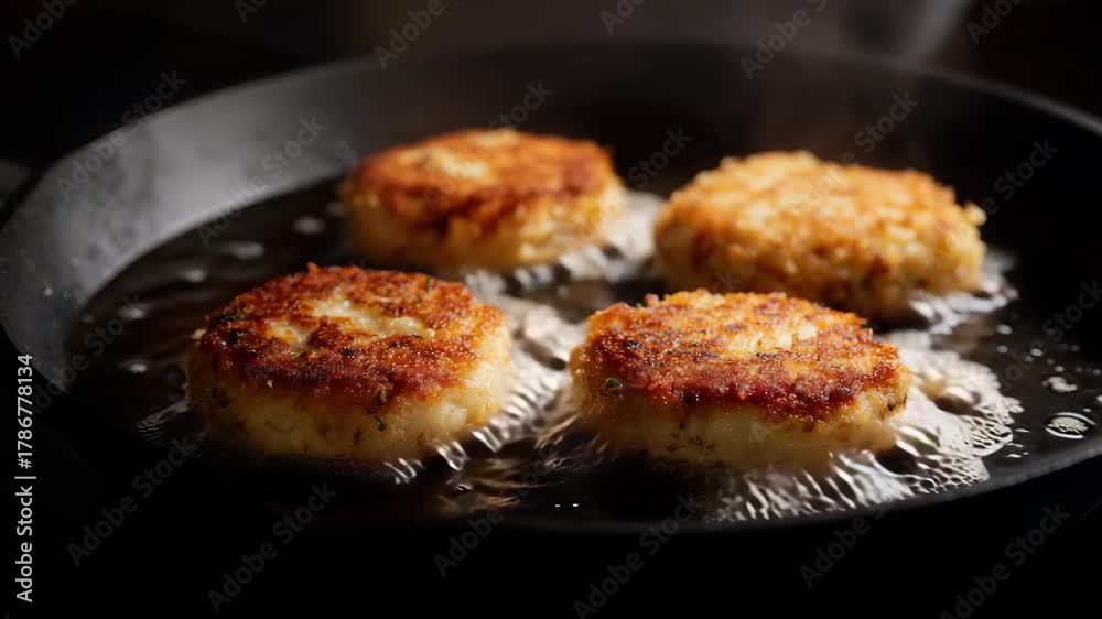 Realistic close-up photo of four crispy golden hash browns sizzling in ...