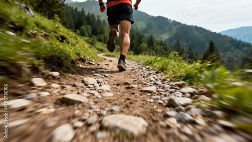 Low-angle action shot of a person trail running up a rugged, rocky mountain path surrounded by green forest and hills.