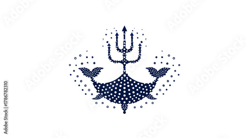 Stylized nautical trident and boat emblem with dotted texture, vintage marine symbol graphic on white background