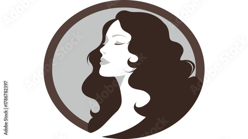 Elegant Woman Profile Illustration with Flowing Wavy Hair in Circular Frame, Beauty and Femininity Concept Vector