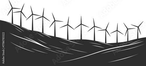 Wind Turbine Farm Silhouette Renewable Energy Landscape Illustration.