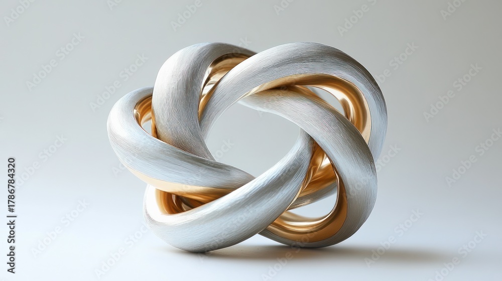 Fototapeta premium Abstract white and gold intertwined knot on plain background