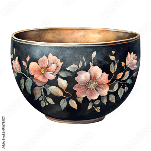 Vintage Black Ceramic Floral Bowl Watercolor Illustration
