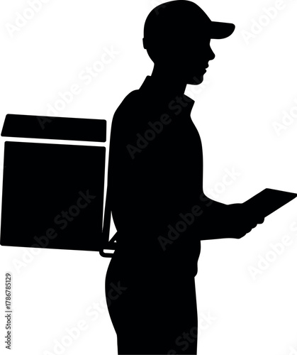 Black silhouette delivery person with insulated bag and tablet