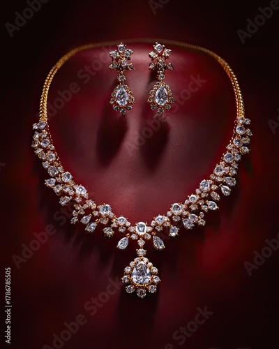 Diamond necklace and earrings on a maroon backdrop, ornate design