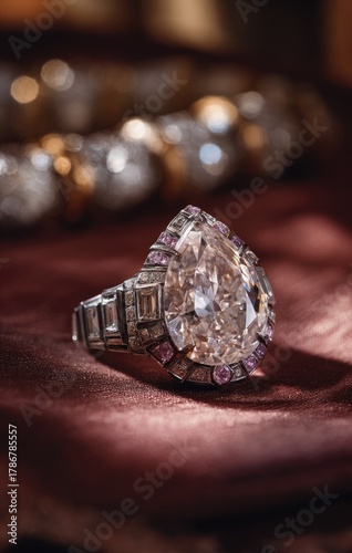 Large teardrop diamond ring on soft velvet, jewelry bokeh behind