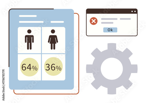 Male and female ratio chart, numerical representation, error dialog box, and gear for settings. Ideal for analytics, surveys, statistics, workflow, user interface system issues simple flat metaphor