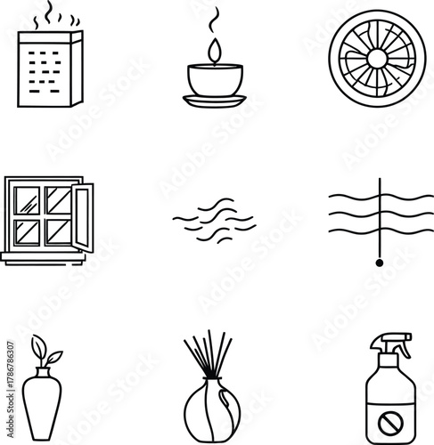 Collection of nine line art icons depicting air fresheners and related household elements in black and white
