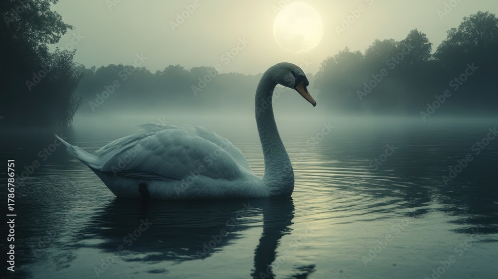 Fototapeta premium Majestic Swan on Misty Lake at Moonlight