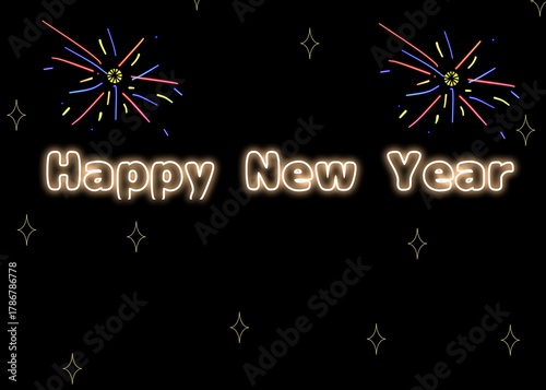 An illustration of a glowing neon Happy New Year greeting with colorful fireworks and scattered stars on a black background, perfect for holiday greetings and festive designs.