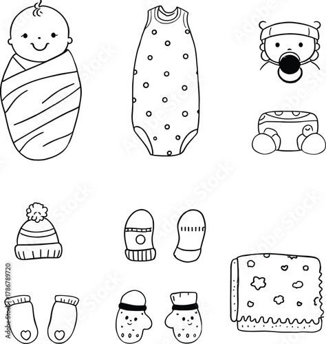 A collection of baby items in a doodle style illustration on a white isolated background view from above