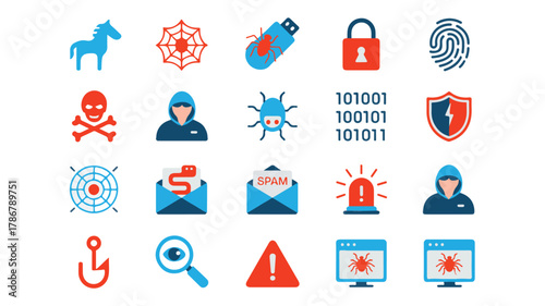Blue horse red spider web blue usb red lock blue fingerprint red skull blue hooded figure blue bug binary code red shield blue target red snake red spam alert red