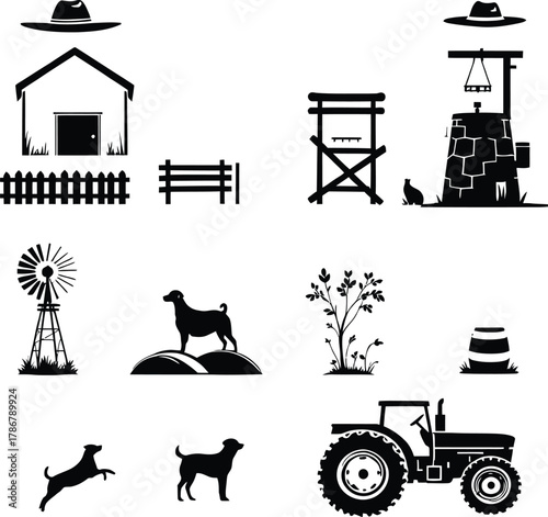 A collection of farm related objects in black silhouette including animals and farm equipment items