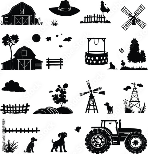 A collection of farm related objects and animals in silhouette style on a white background