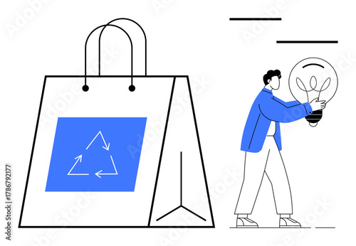 Large shopping bag with recycling arrow triangle design beside a person holding a glowing lightbulb. Ideal for sustainability concept, eco-friendly practices, recycling, renewable energy, innovation