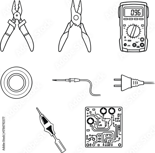 Line art illustration of electrical tools including pliers multimeter and soldering iron on white background