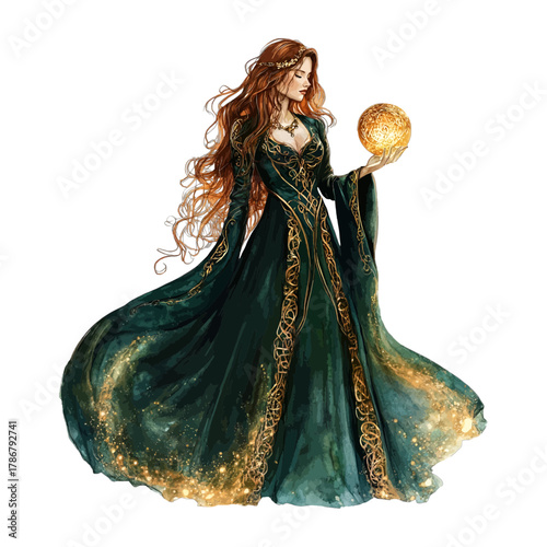 Watercolor Fantasy Woman Oracle in Green Medieval Dress Holding Gold Orb Vector Clipart
