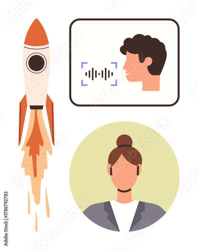 Rocket launching, facial profile with audio signal, woman avatar representing progress, voice technology, innovation, teamwork, communication, startups. Ideal for AI technology creativity digital