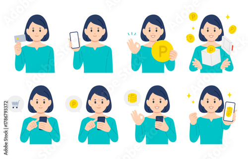 クレジットカードやスマホで買い物をする･ポイントを貯める若い女性のセット【人物ベクターイラスト素材】