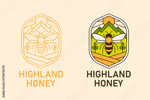 Monoline logo a minimalist highland honey logo features a bee mountains and sun design