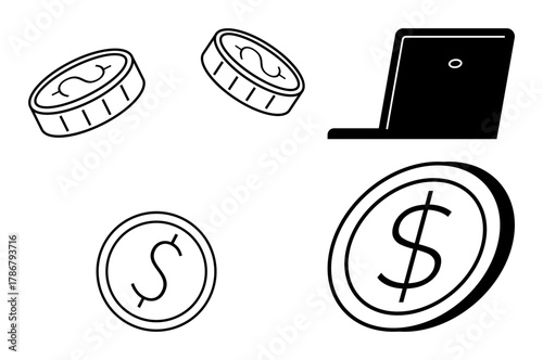 Coins with dollar signs and a laptop highlight online finance, transactions, payments, and savings. Ideal for fintech, e-commerce, banking, currency exchange, investment budget tracking simple flat