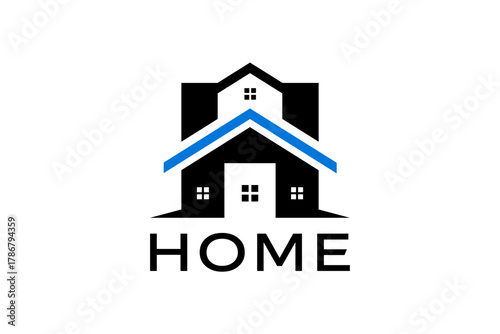 Modern Minimalist Home Logo Design with Blue Roof and Black Silhouette.