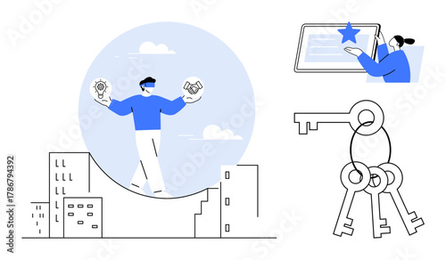 Professional balancing gear and handshake above cityscape, keys signifying opportunities, and a person interacting with a digital interface. Ideal for teamwork, leadership, decision-making
