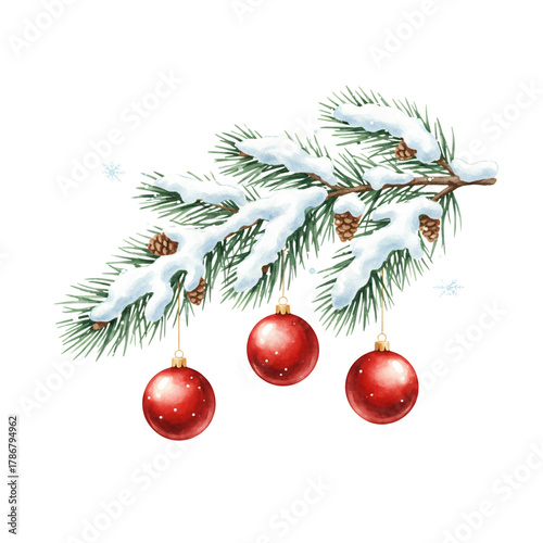 Snow covered pine branch with red christmas ornaments on background