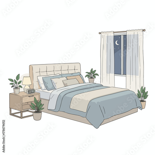 Tempat tidur mewah dengan bantal dan selimut nyaman di interior kamar tidur apartemen modern berdesain indah dengan jendela besar