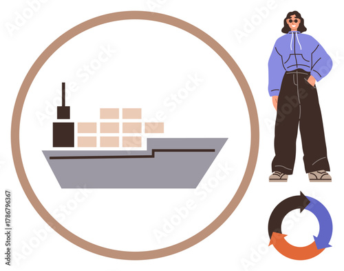 Cargo ship carrying containers encased in a circle, a casually dressed woman standing beside it, and a rotational cycle graphic. Ideal for logistics, global trade, supply chain, transportation