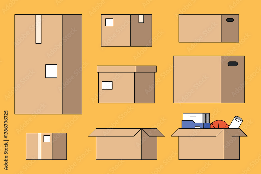Obraz premium Cardboard moving boxes, flat graphic set vector