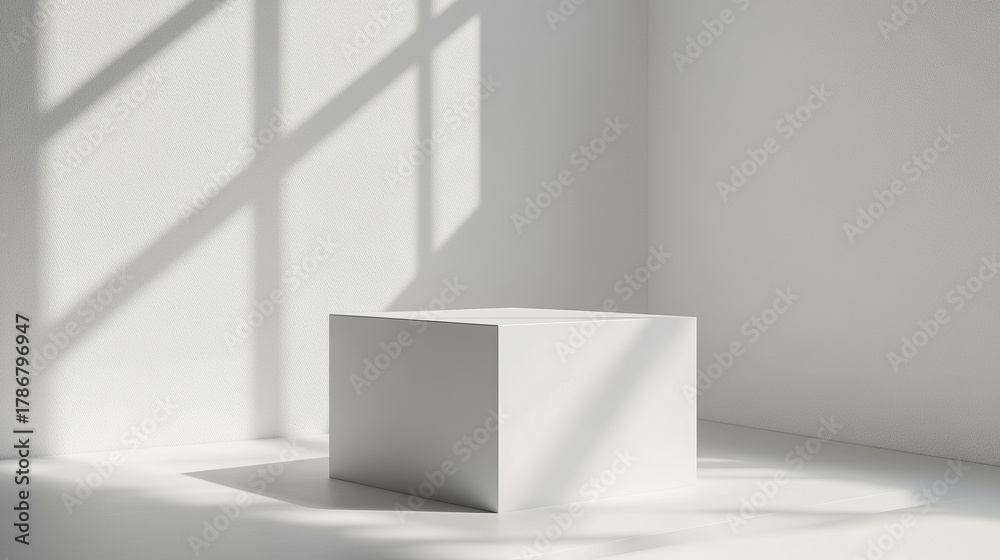 Fototapeta premium White pedestal cube with clean modern design stands in bright room corner with soft natural light and shadow creating minimalistic calm atmosphere