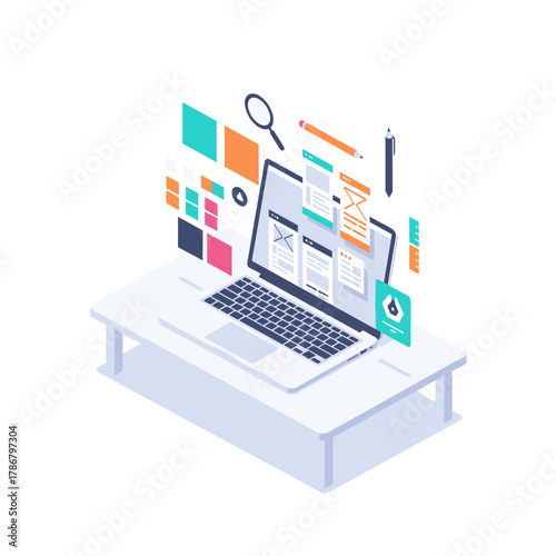 Konsep vektor isometrik 3 dimensi rumah kantor dan bangunan kota bisnis dengan laptop dan mobile phone untuk komunikasi jaringan teknologi dan data arsitektur konstruksi