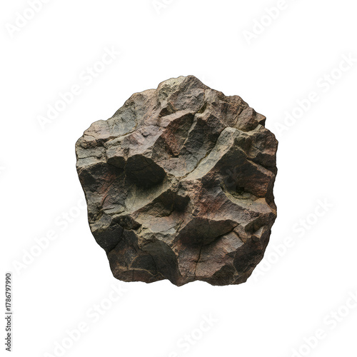 Macro photograph of a rough textured dark brown rock with intricate patterns and a speckled surface isolated on a pure black background with soft lighting accentuating its rugged details