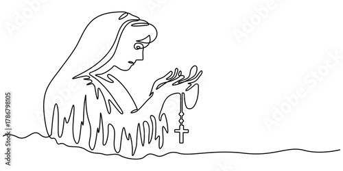 Jesus Christ praying, drawn with one continuous line. Christian symbol of Easter and Christmas in a simple line style. Editable stroke. Vector illustration