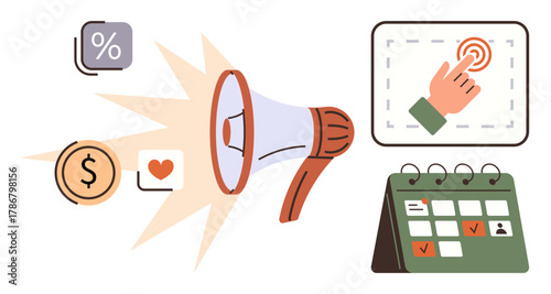 Megaphone emitting icons for percentage, money, heart calendar with tasks finger clicking screen. Ideal for promotion, engagement, advertising, planning, finance, communication simple flat metaphor